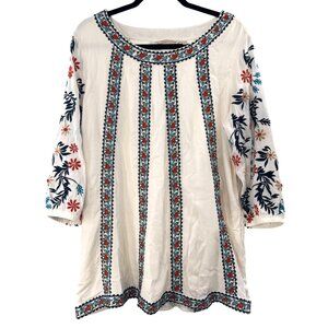 Soft Surroundings Long Lined WHT Tunic Top ORG BLU "Ribbon" Embroidery Size L